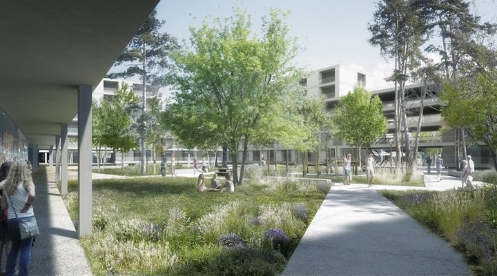 Photomontage moderne avec vue sur les nouveaux logements du projet Gare-Lac