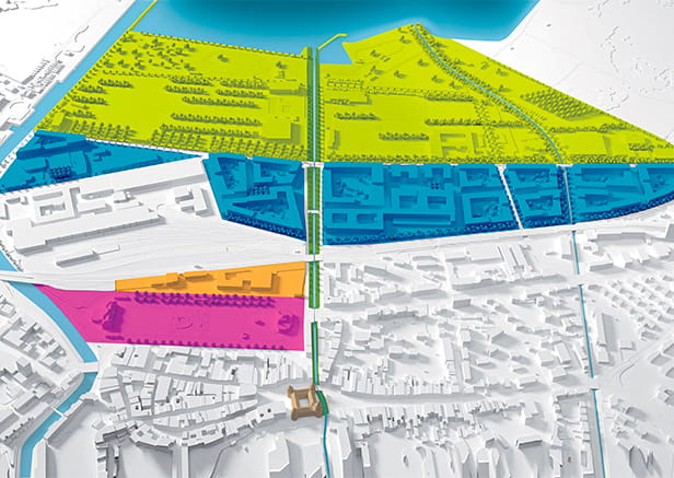Schéma du quartier Gare-Lac avec délimitation en couleur des phases du projet
